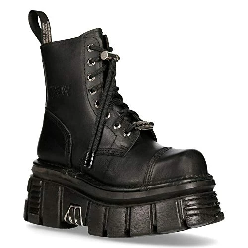 M-NEWMILI083-S21 Unisex Metallic Combat Boots Black Leather Military Biker Goth Punk Shoes 4