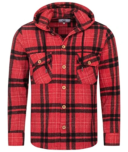 M65 Men's Checked Hooded Shirt, Red - H328, XXXX-Large