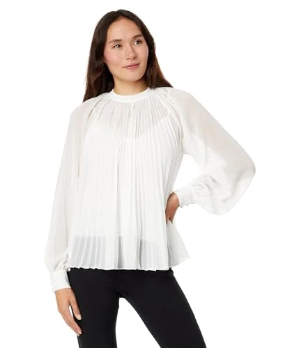 Macenzi Embellished Pleated Neck Top, Ivory, 3