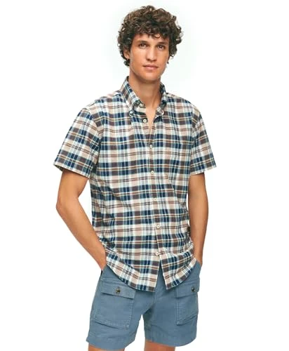 Madras Men's Sports T-Shirt Short Sleeve Cotton Button Down Collar Brown/Navy XL, Brown/Navy, XL