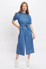 Magda Chambray Short Sleeve Cropped Jumpsuit - blue Cotton 6