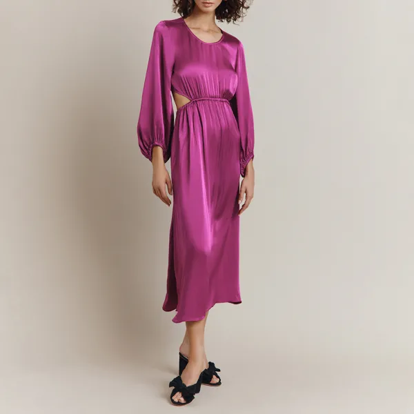 Magenta Satin Cutout Midi Dress - Pink