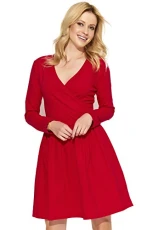 Makadamia Women V-Neck Wrap Midi Plain Long Sleeve Ladies Modern Skater Dress FA574 Red