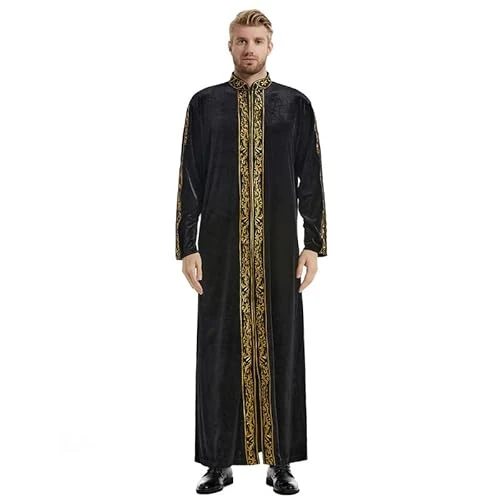 Malaysia Muslim Velvet Embroidery Zipper Robe Arab Middle East Men's Stand Collar Islamic Kaftan Long Sleeve Jubba Thobe