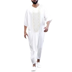 Male Casual Arab National Print Robe V Neck Middle Sleeve Split Hem Blouse Robe Caramel Shirt Men Men's Robes White