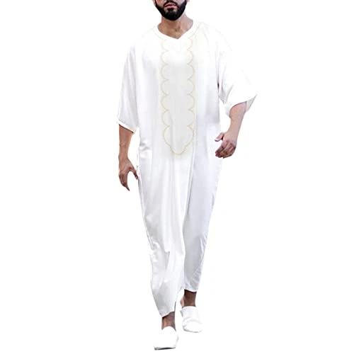 Male Casual Arab National Print Robe V Neck Middle Sleeve Split Hem Blouse Robe Caramel Shirt Men Men's Robes White