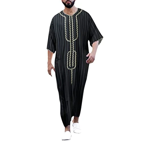 Male Casual Striped Print Robe V Neck Middle Sleeve Split Hem Blouse Robe Eggplant Dress Shirt Mens Men's Robes Black
