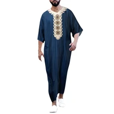 Male Casual Striped Printed Robe V Neck Middle Sleeve Split Hem Blouse Robe Long Sleeve with Buttons Men's Robes Dark Blue