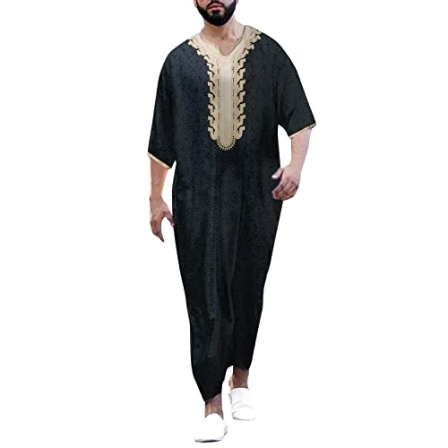 Male Casual Striped Printed Robe V Neck Middle Sleeve Split Hem Blouse Robe Shirt Dress Work Men's Robes