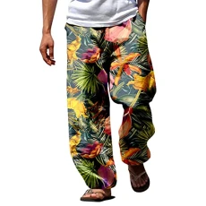 Male Summer Breathable Linen Like Trousers All Print Printed Tether Wide Leg Pants Gift Boy Green