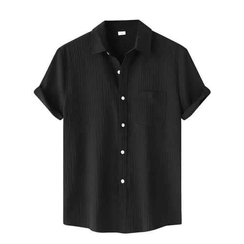 Male Summer Hawaii Solid Shirt Short Sleeve Pocket Turn Down Button Shirt Corduroy Button Down (A1-B