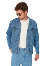 Man Regular Biker Jackets Shirt Collar Denim Jacket Blue