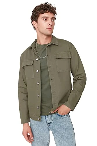 Man Regular Double-Breasted Lapel Collar Woven Jacket Khaki