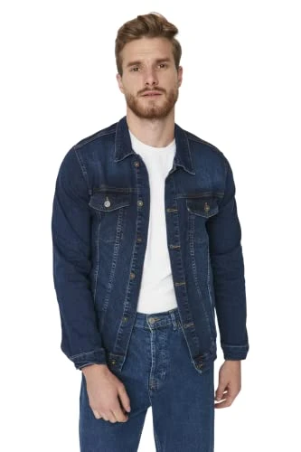 Man Slim fit Double-Breasted Lapel Collar Denim Jacket Navy Blue