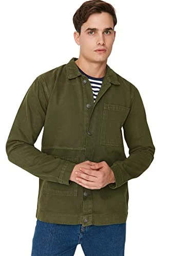 Man Young Regular fit Double-Breasted Shirt Collar Denim Jacket Khaki