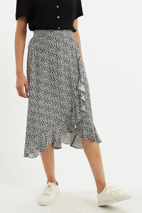 Mara Dazzler Print Frill Midi Skirt - Black