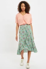 Mara Flower Show Print Ruffle Hem Wrap Midi Skirt - Green
