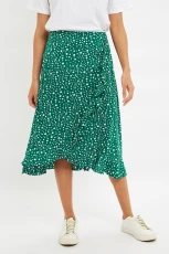 Mara Spot It Print Ruffle Hem Wrap Midi Skirt Green