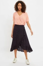 Mara Teeny Flower Bud Print Ruffle Hem Wrap Midi Skirt - Navy