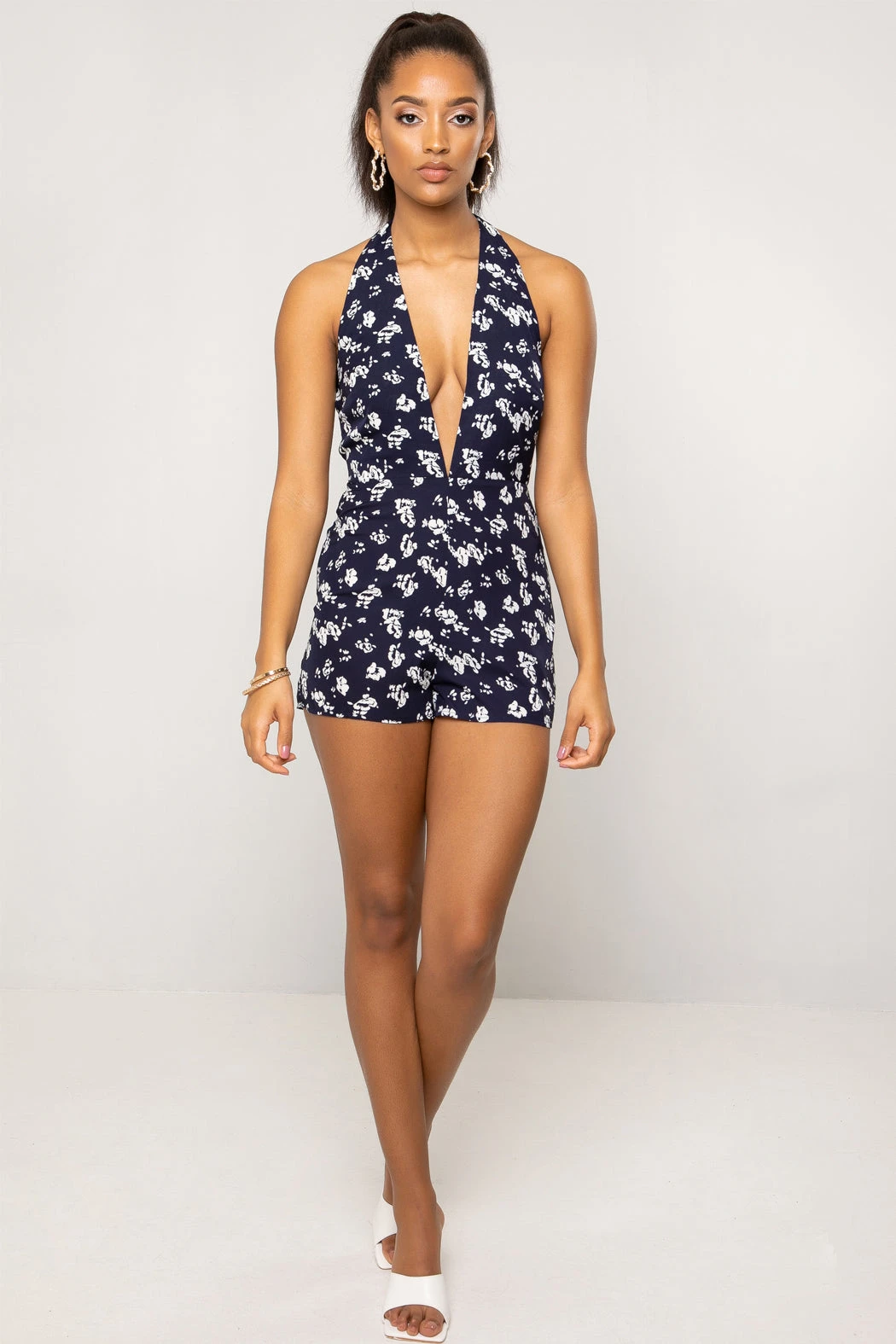 Mariella Halter Neck Plunge Tie Back Navy Floral Print Playsuit Blue /