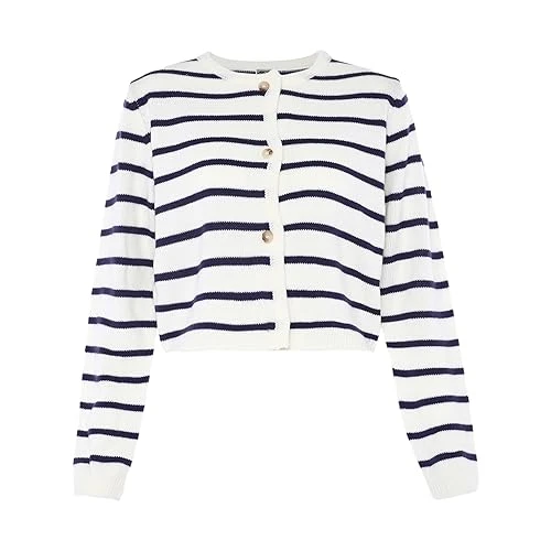 maritim Women's Small Fragranced Contrast Knitted Jumper Wool White Navy Stripes Size M/L Cardigan Sweater, M