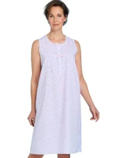 Marlon | Ladies | Sleeveless Swirl Leaf Print Nightdress | Front Button Placket with Satin Bow Detailing | Soft Polycotton Blend for Perfect Comfort | Approx. 41" Length | Pink Marlon | Ladies | Sleeveless Swirl Leaf Print Nightdress | Front Button Placket with Satin Bow Detailing | Soft Polycotton Blend for Perfect Comfort | Approx. 41" Length | Pink