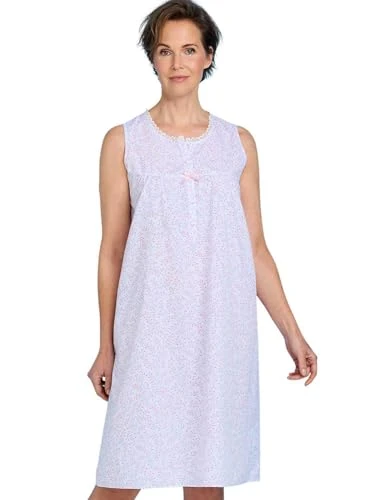 Marlon | Ladies | Sleeveless Swirl Leaf Print Nightdress | Front Button Placket with Satin Bow Detailing | Soft Polycotton Blend for Perfect Comfort | Approx. 41" Length | Pink
