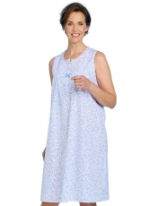 Marlon | Ladies | Sleeveless Swirl Leaf Print Nightdress | Front Button Placket with Satin Bow Detailing | Soft Polycotton Blend for Perfect Comfort | Approx. 41" Length | Blue Marlon | Ladies | Sleeveless Swirl Leaf Print Nightdress | Front Button Placket with Satin Bow Detailing | Soft Polycotton Blend for Perfect Comfort | Approx. 41" Length | Blue