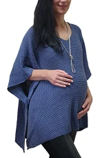 Maternity Ladies One Size Knitted Warm Oversized V-Neck Poncho Cape with Side Buttons (One Size, Denim)