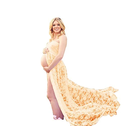 Maternity Sleeveless Maxi Dress High Waist Casual Long Beach Dresses Abdomen Opened Lace Dress (Apricot,Asia L)