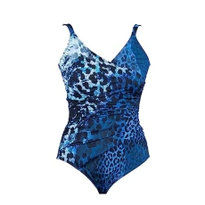 Mauritius Women’s Leopard Mock Wrap Swimsuit One Piece Swimming Costume(Size 14, Blue)