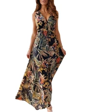 Maxi Dresses for Women Summer Beach Floral Dress V Neck Sleeveless, Black, M