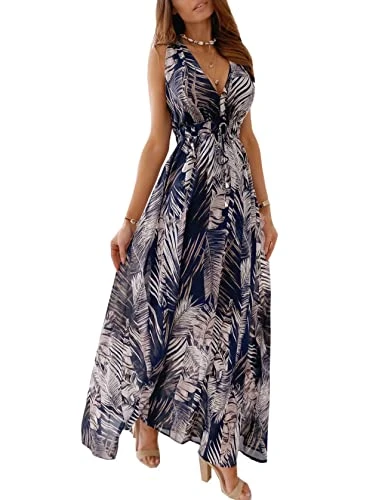 Maxi Dresses for Women Summer Beach Floral Dress V Neck Sleeveless, Blue, XXL