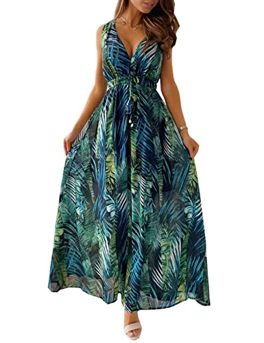 Maxi Dresses for Women Summer Beach Floral Dress V Neck Sleeveless, Green, XXL