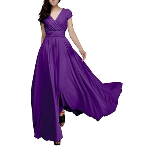 Maxi Dresses for Women UK Chiffon Swing Plus Size Dress Wedding Guest Dresses V-Neck Solid Color Short Sleeve Tunic Dress Closing Pleated Long Wrap High Waist Evening Dress(B PP1,S)