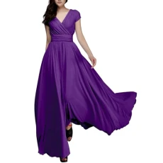 Maxi Dresses for Women UK Chiffon Swing Plus Size Dress Wedding Guest Dresses V-Neck Solid Color Short Sleeve Tunic Dress Closing Pleated Long Wrap High Waist Evening Dress(B PP1,S)