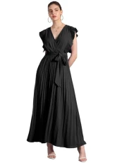 Maxi Dresses for Women's Wrap V Neck Sleeeveless Pleated Dress Black XL Maxi Dresses for Women's Wrap V Neck Sleeeveless Pleated Dress Black XL