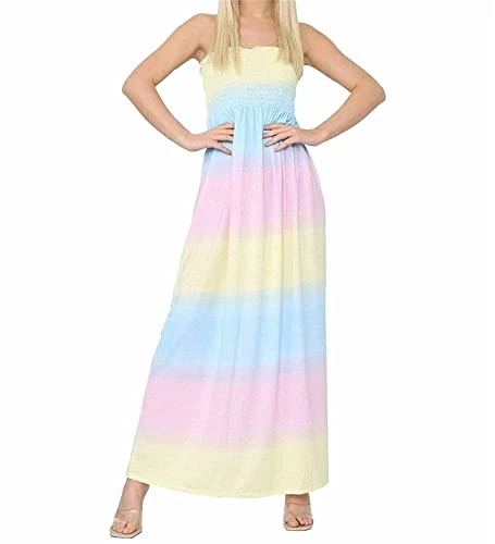 Maxi Dresses Women UK Elegant Rainbow Print Boobtube Strapless Bandeau Long Maxi dress Plus Size Evening Dresses Bandeau Beach Dress Ladies Ruched dress 8-10