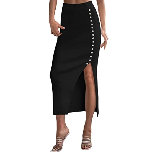Maxi Skirt with Slit Pencil Skirt Women's Long Knitted Elegant Women's Midi Skirt with Salad Trim Firm High Waist Pencil Mini Skirt 48, black, L