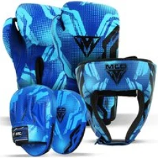 MCD Kids Boxing Gloves Pads & Headguard Training Sparring Set Blue 6oz