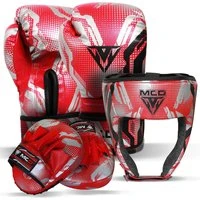 MCD Kids Boxing Gloves Pads & Headguard Training Sparring Set Red 6oz