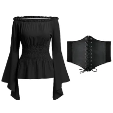 Medieval Gothic Clothing Women's Off Shoulder Ruffle Top and Corset Waist Belt Steampunk Long Sleeve