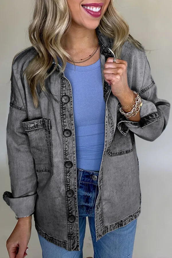 Medium Grey Mineral Wash Patched Pocket Split Denim Jacket - MEDIUM GREY / 2XL / 95%COTTON+%POLYESTER