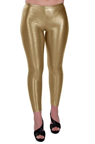 Megan Womens Mettalic Dance Shiny Leggings Ladies Stretch Wet Look Pants Trousers Gold M/L