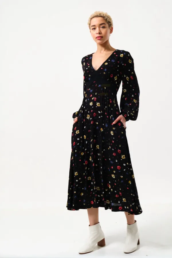 Melany Pick A Mix Print Long Sleeve V-Neck Midi Dress