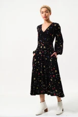 Melany Pick A Mix Print Long Sleeve V-Neck Midi Dress - black