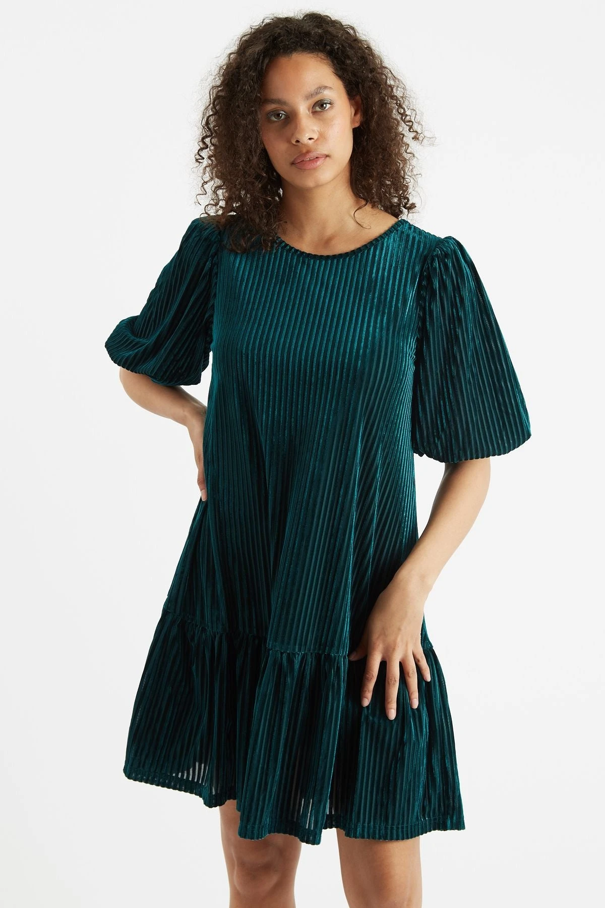 Meloe Velvet Stripe Tiered Mini Dress - Teal