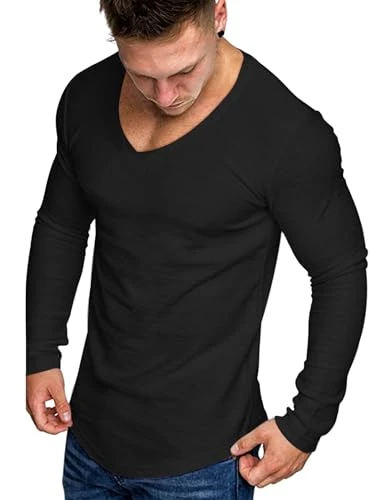 Men 2 Pack Muscle V Neck T Shirt Gym Athletic Fit Long Sleeves Tee Top, Black, XL