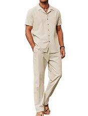 Men 2 Piece Linen Outfit Beach Button Down Shirt Casual Loose Pant Sets, Khaki, Large Men 2 Piece Linen Outfit Beach Button Down Shirt Casual Loose Pant Sets, Khaki, Large