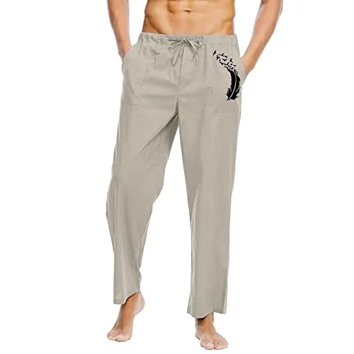 Men All Season Fit Pant Casual All Solid Color Feather Painting Cotton Loose Plus Size Trouser Fashion Beach Pockets Pant